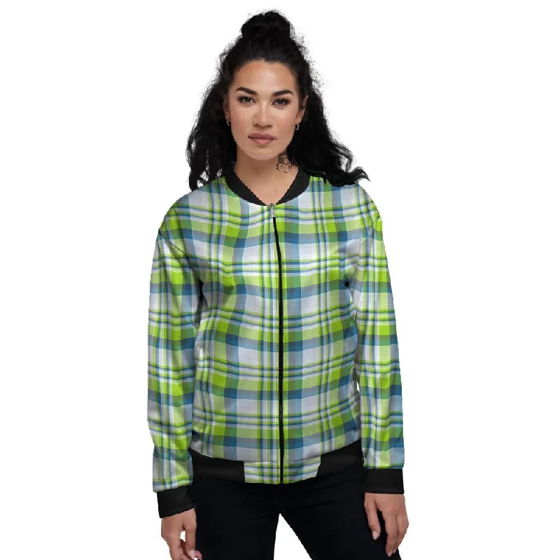 Blue Madras Plaid And Lime Print Pattern Women's Bomber Jacket