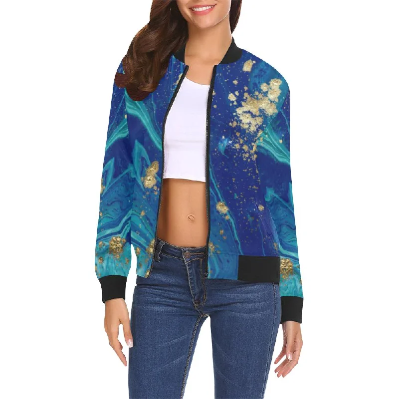 Blue Marble Pattern Print Women Casual Bomber Jacket