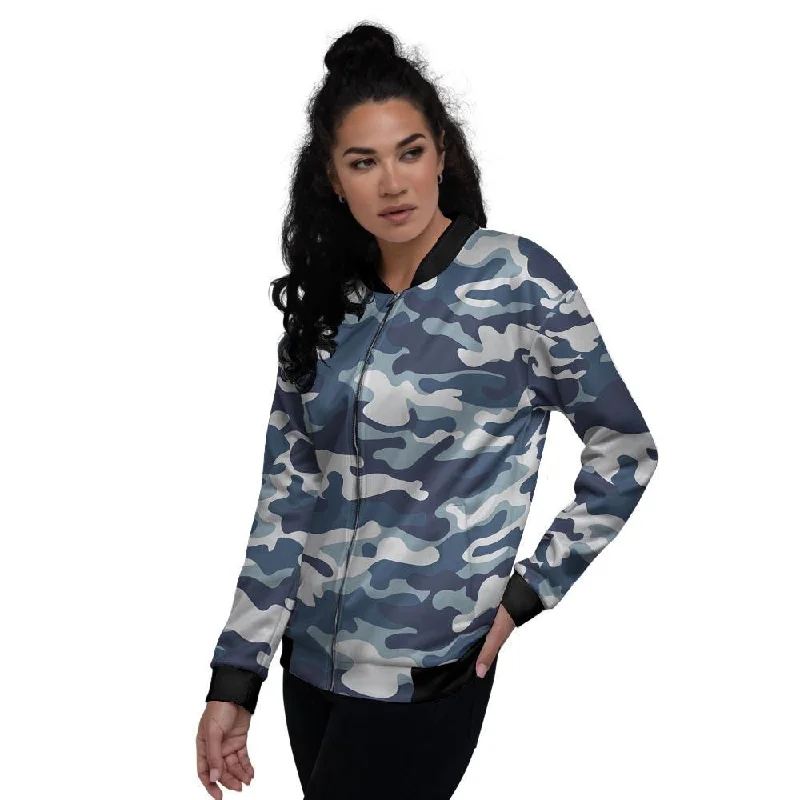 Blue Navy Camo Print Women's Bomber Jacket