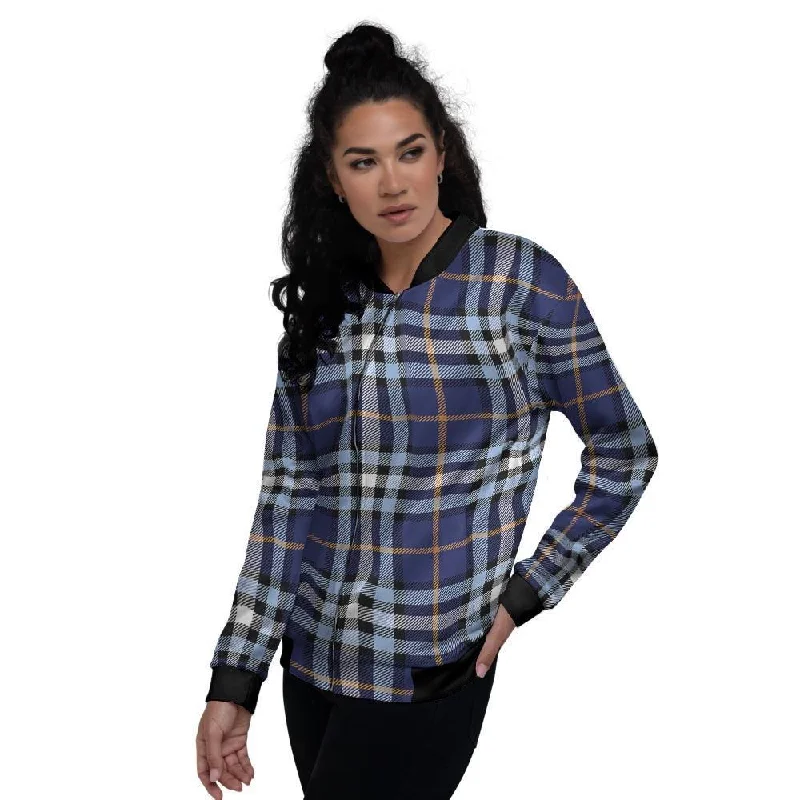 Blue Navy Plaid Tartan Women's Bomber Jacket