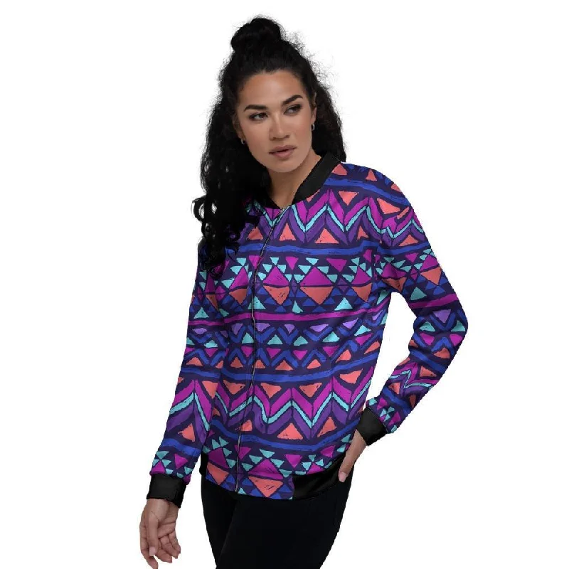 Blue Neon Color Indian Aztec Women's Bomber Jacket