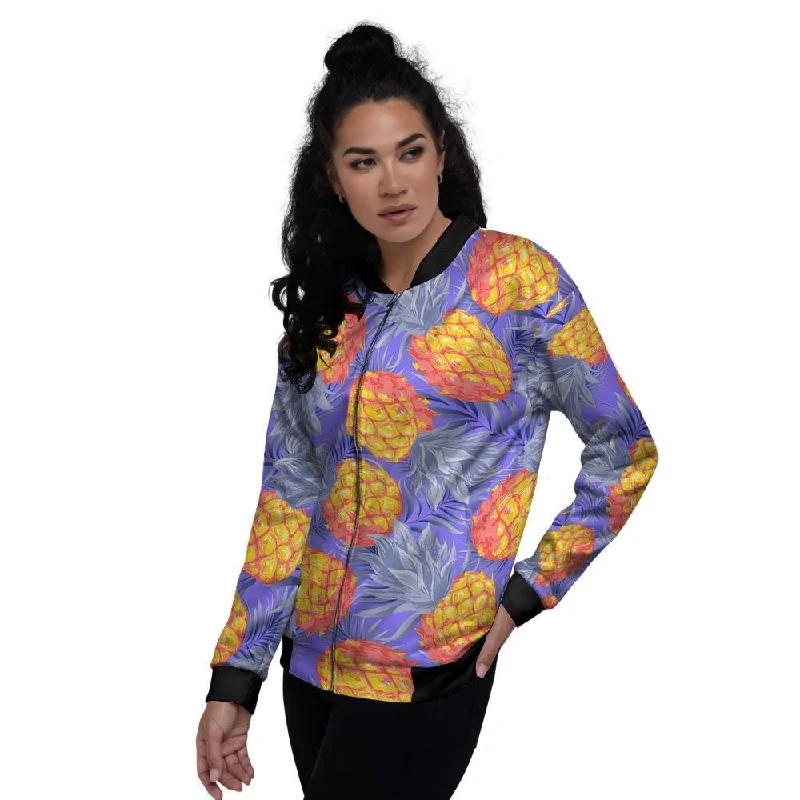 Blue Neon Pineapple Hawaiian Print Women's Bomber Jacket