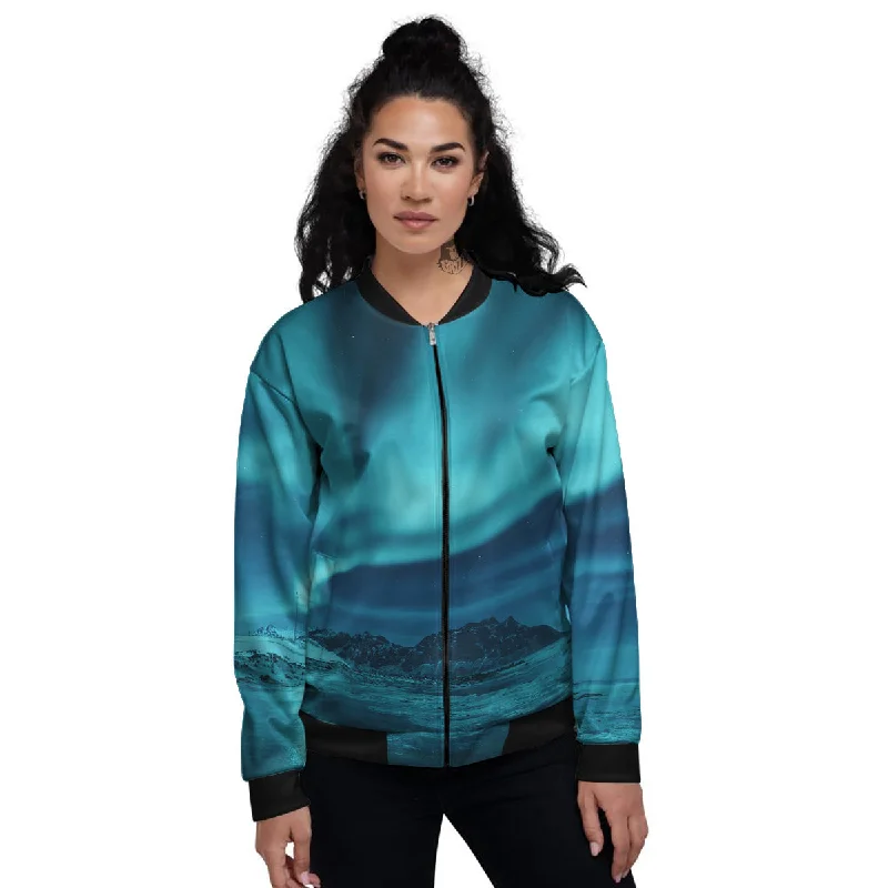 Blue Northern Lights And Mountain Print Women's Bomber Jacket