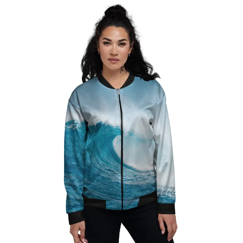 Blue Ocean Wave Print Women's Bomber Jacket