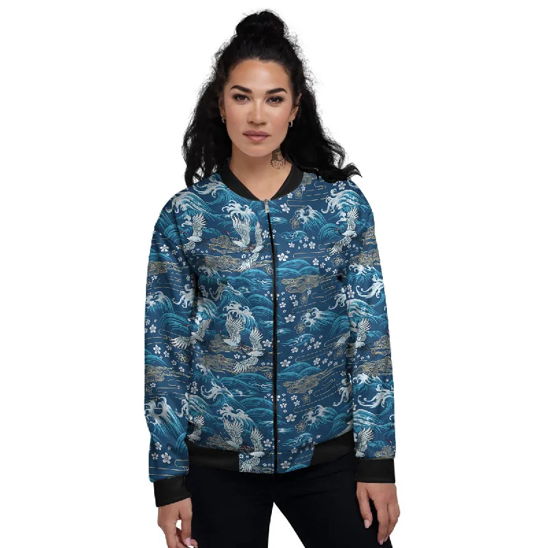 Blue Oriental Sea Print Pattern Women's Bomber Jacket