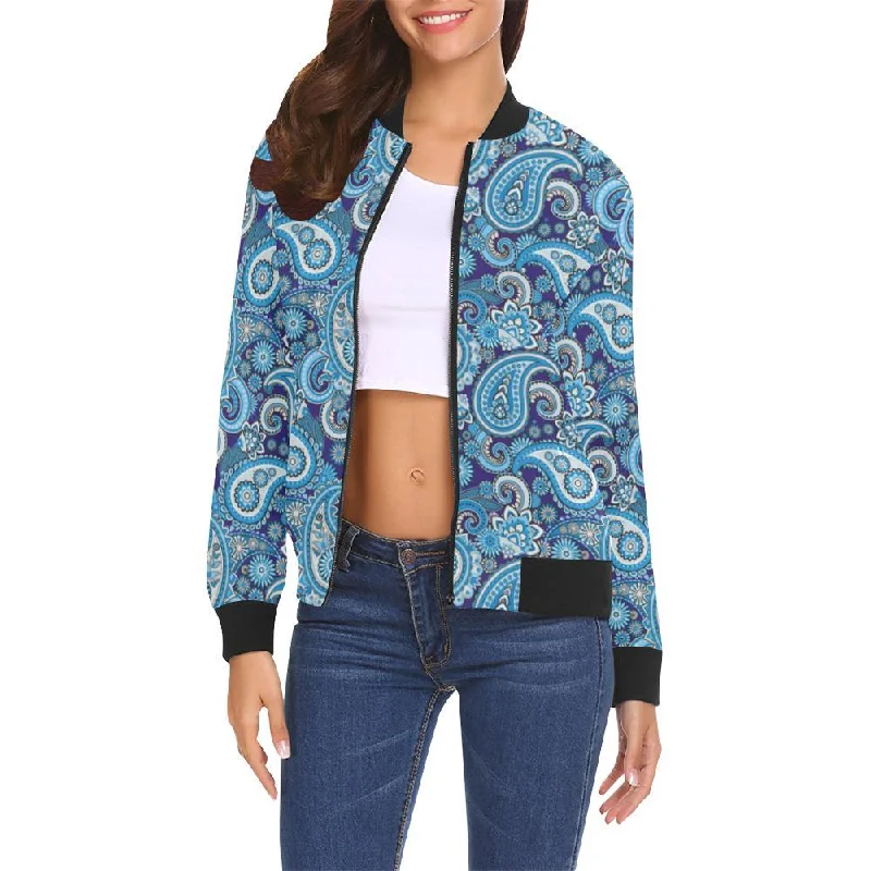 Blue Paisley Pattern Print Women Casual Bomber Jacket