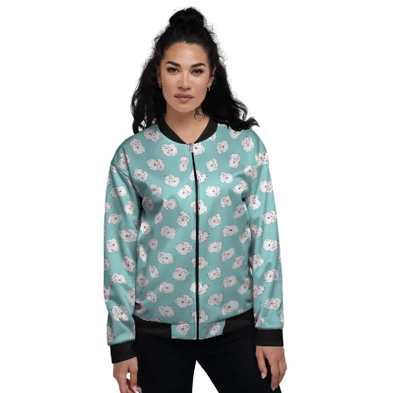 Blue Pastel Lucky Cat  Print Pattern Women's Bomber Jacket