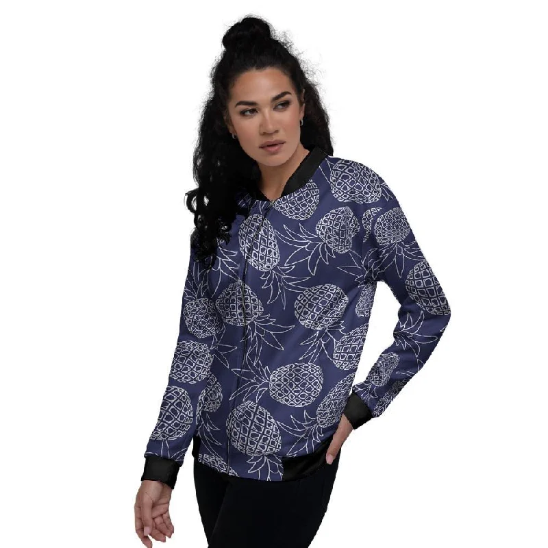 Blue Pine Pineapple Print Women's Bomber Jacket