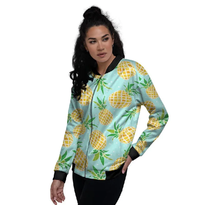 Blue Pineapple Print Women's Bomber Jacket