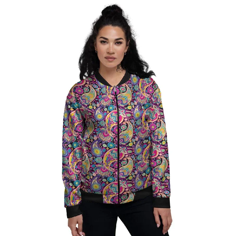 Blue Pink And Green Paisley Print Women's Bomber Jacket