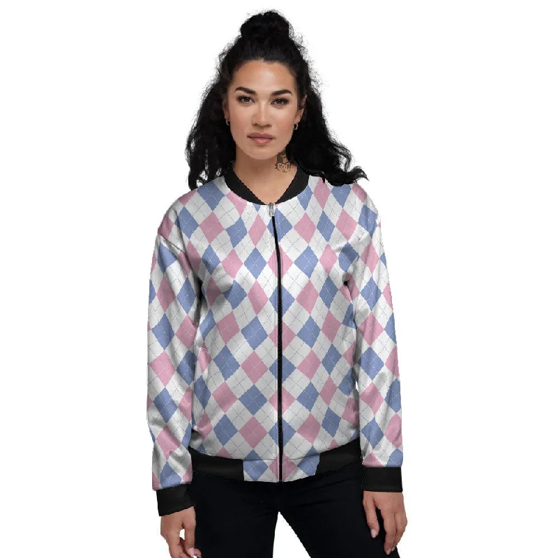 Blue Pink And White Argyle Print Pattern Women's Bomber Jacket