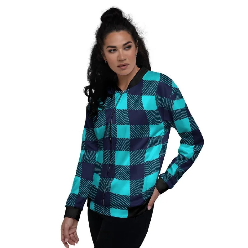 Blue Plaid Print Women's Bomber Jacket