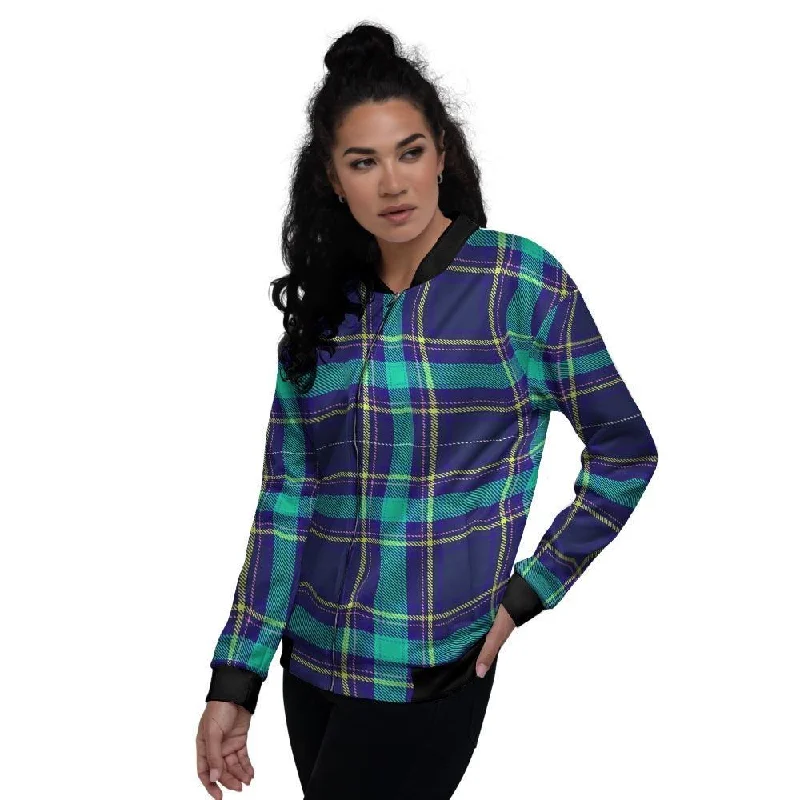 Blue Plaid Tartan Print Women's Bomber Jacket