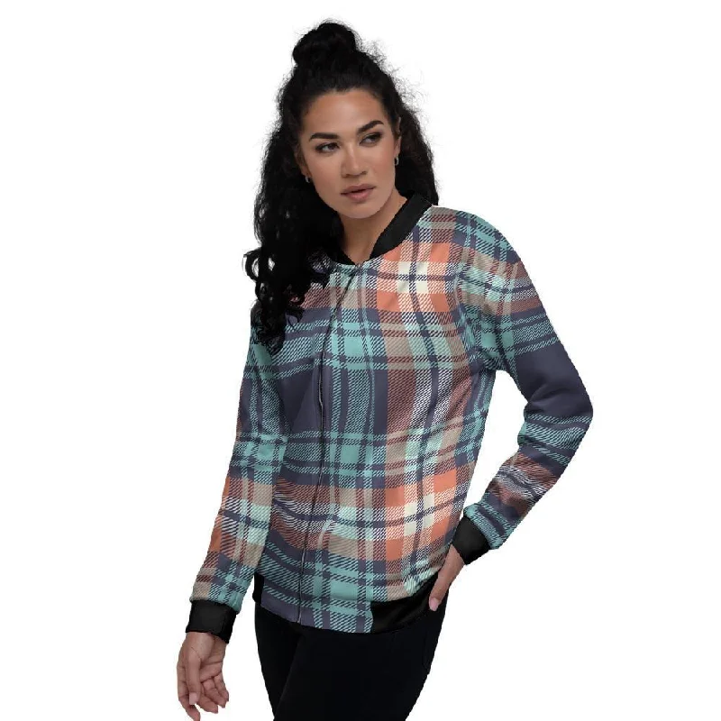 Blue Plaid Tartan Scottish Print Women's Bomber Jacket