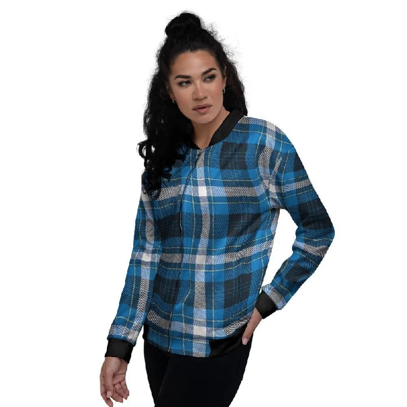 Blue Plaid Tartan Scottish Women's Bomber Jacket