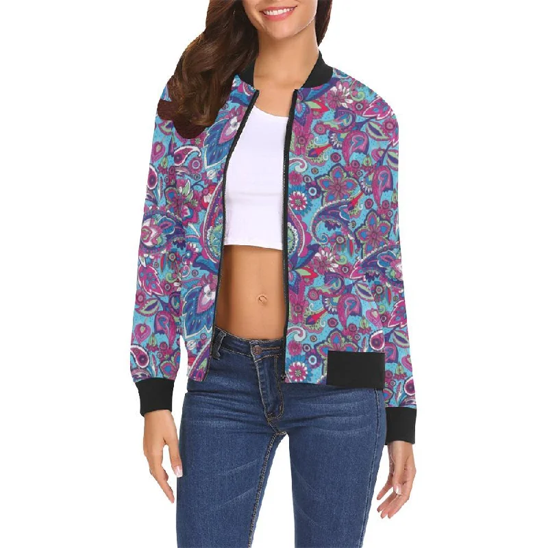 Blue Purple Red Paisley Pattern Print Women Casual Bomber Jacket