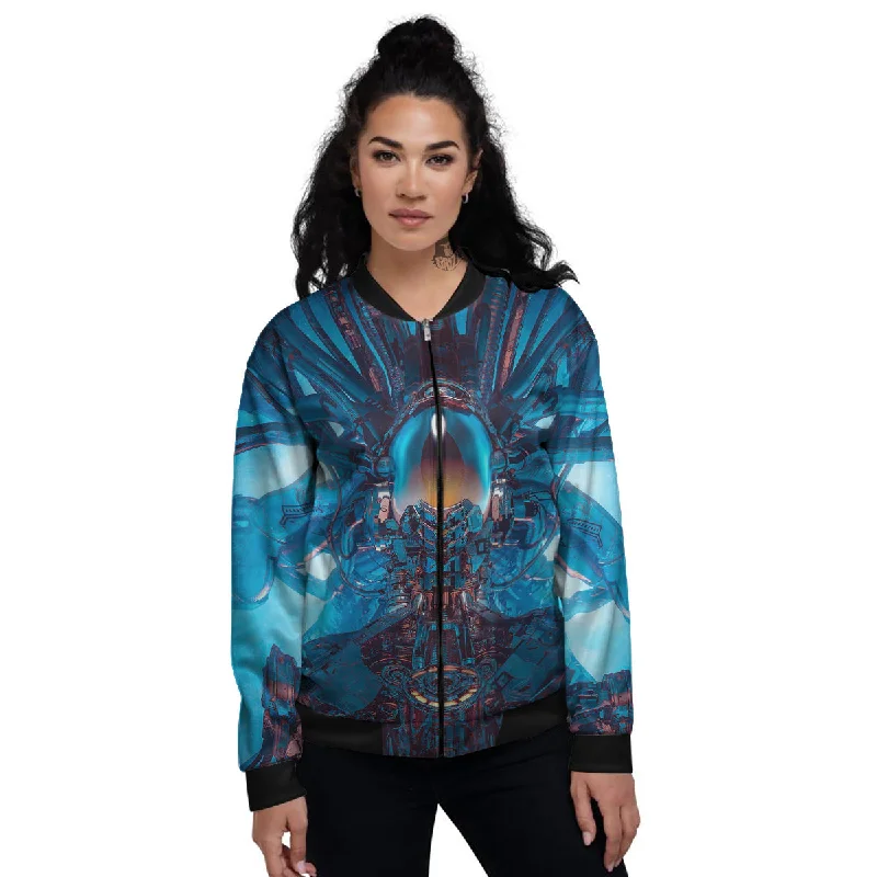 Blue Robot Cyberpunk Print Women's Bomber Jacket