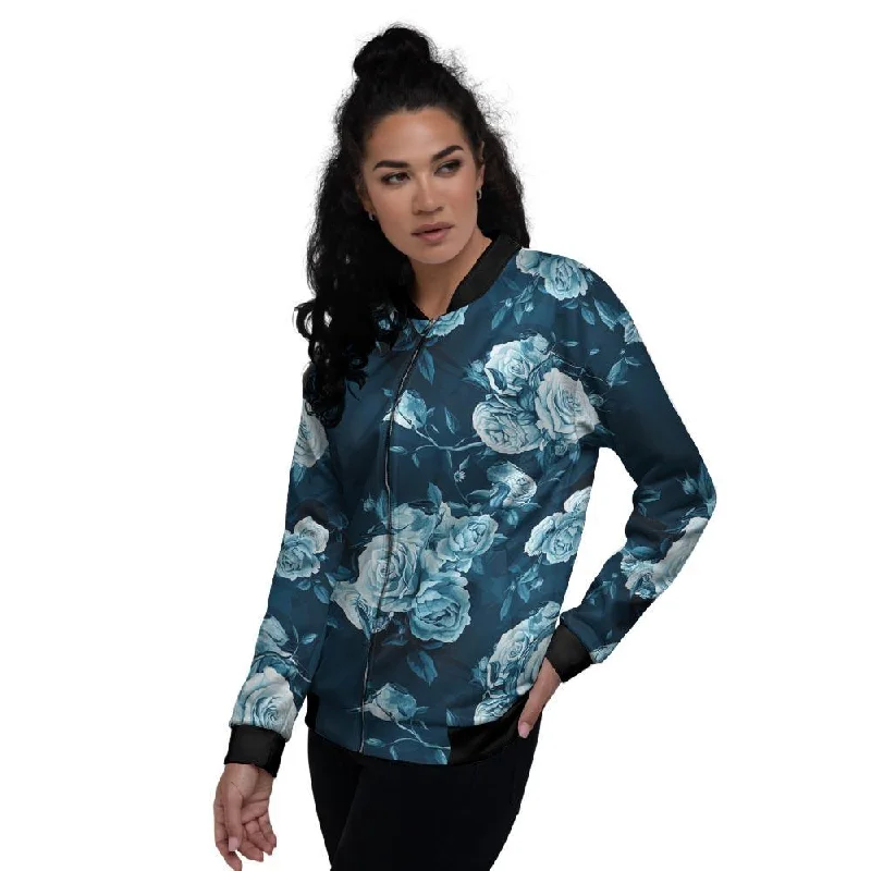 Blue Rose Floral Print Women's Bomber Jacket