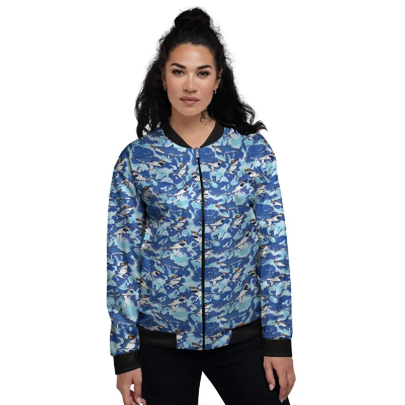 Blue Shark Print Pattern Women's Bomber Jacket