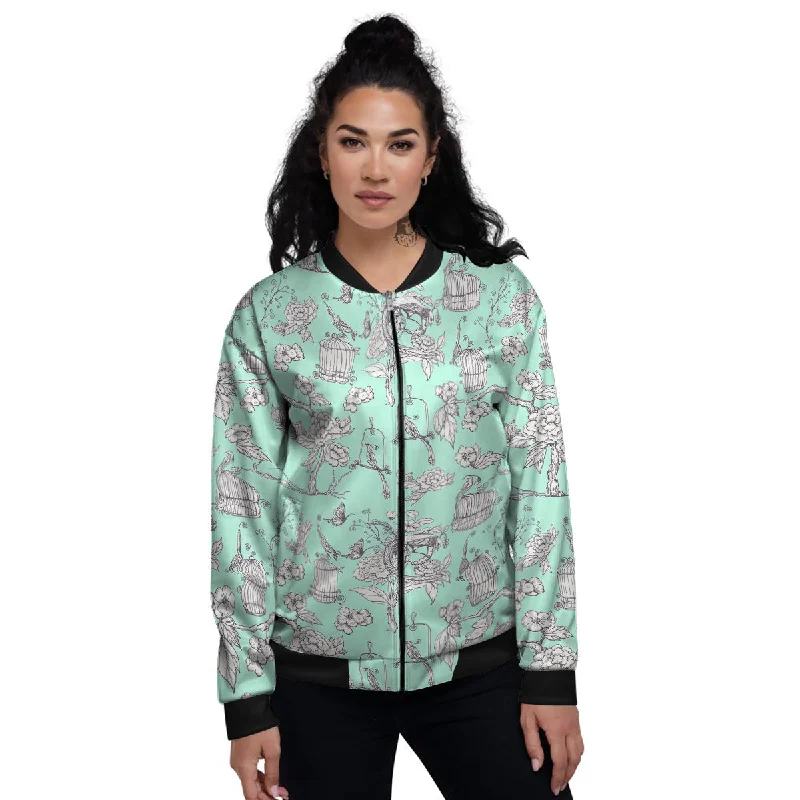 Blue Sky White Chinoiserie Print Pattern Women's Bomber Jacket