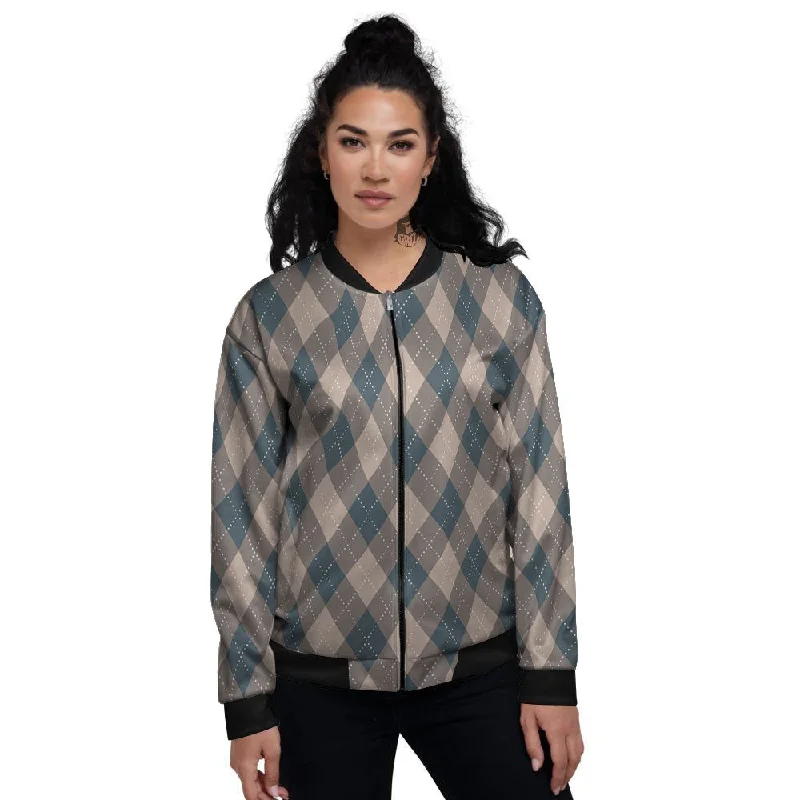 Blue Spruce And Beige Argyle Print Pattern Women's Bomber Jacket