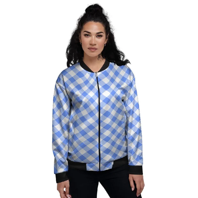 Blue Steel And White Gingham Print Pattern Women's Bomber Jacket