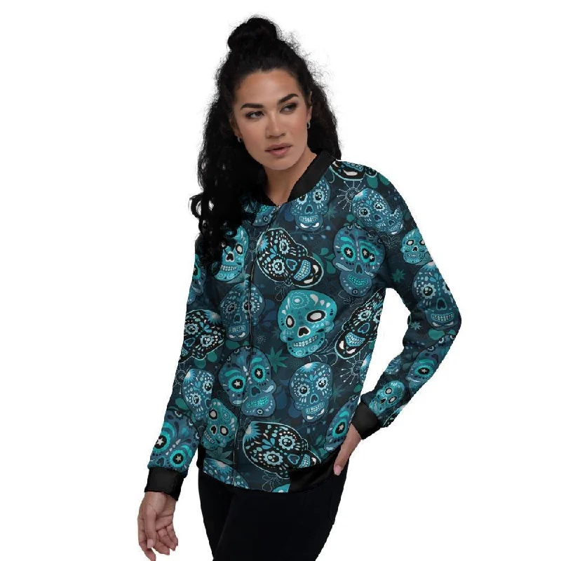 Blue Sugar Skull Print Women's Bomber Jacket