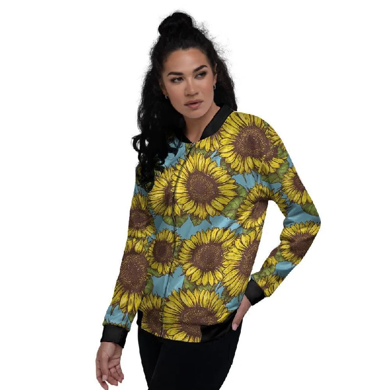 Blue Sunflower Print Women's Bomber Jacket