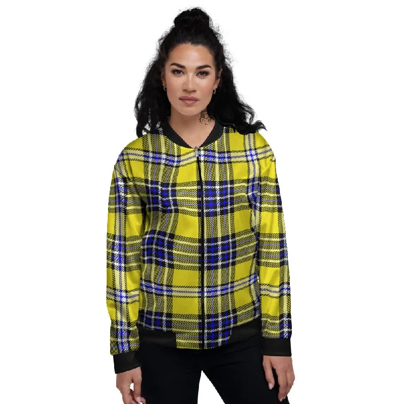 Blue Tartan And Black Yellow Print Pattern Women's Bomber Jacket