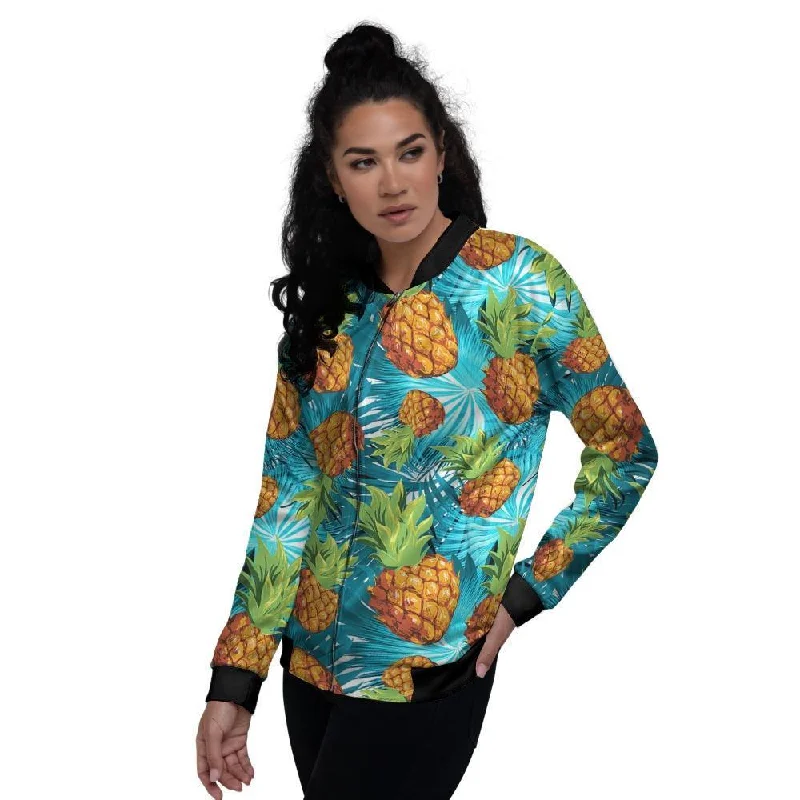 Blue Tropical Hawaiian Pineapple Print Women's Bomber Jacket