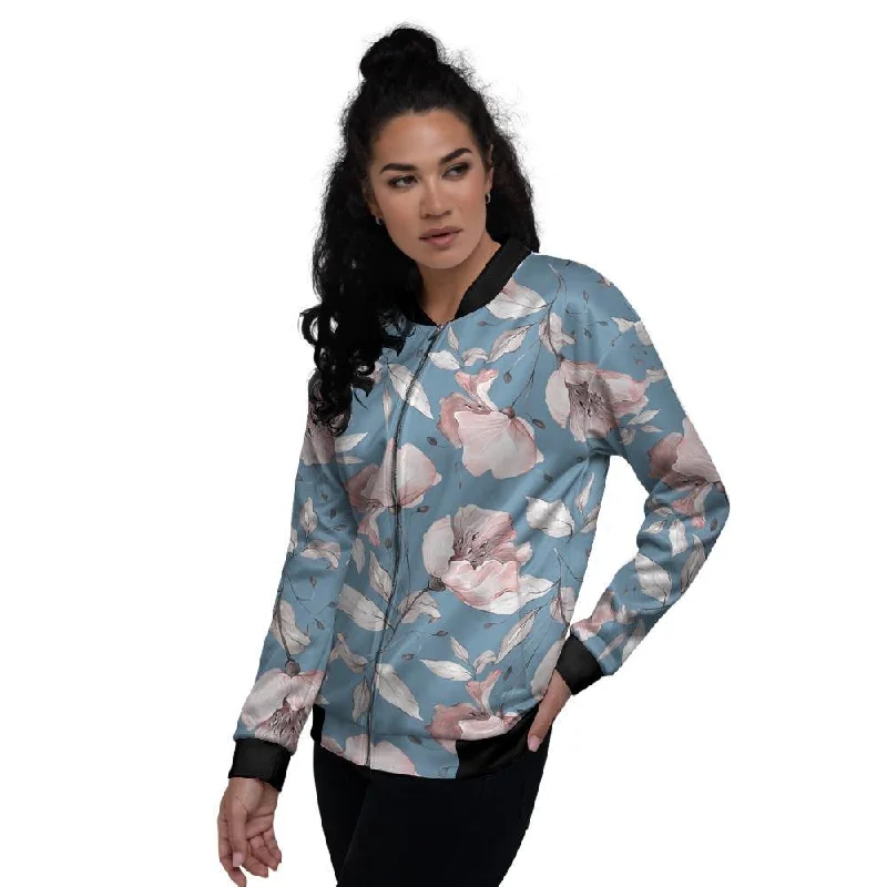 Blue Vintage Floral Print Women's Bomber Jacket