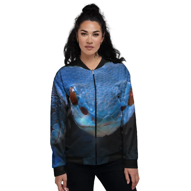 Blue Viper Snake Print Women's Bomber Jacket