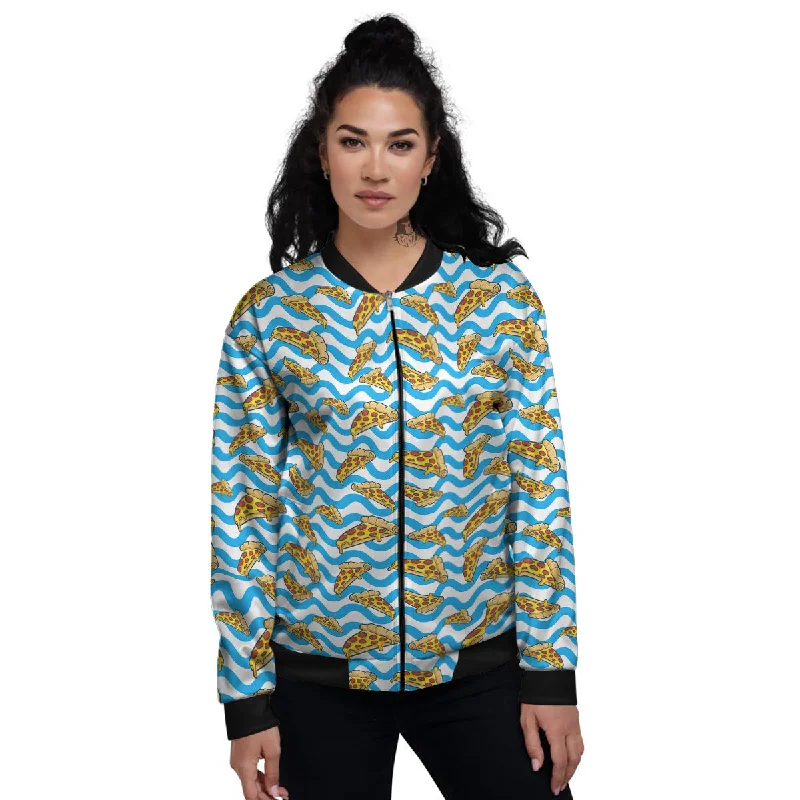 Blue Wave Pizza Print Pattern Women's Bomber Jacket