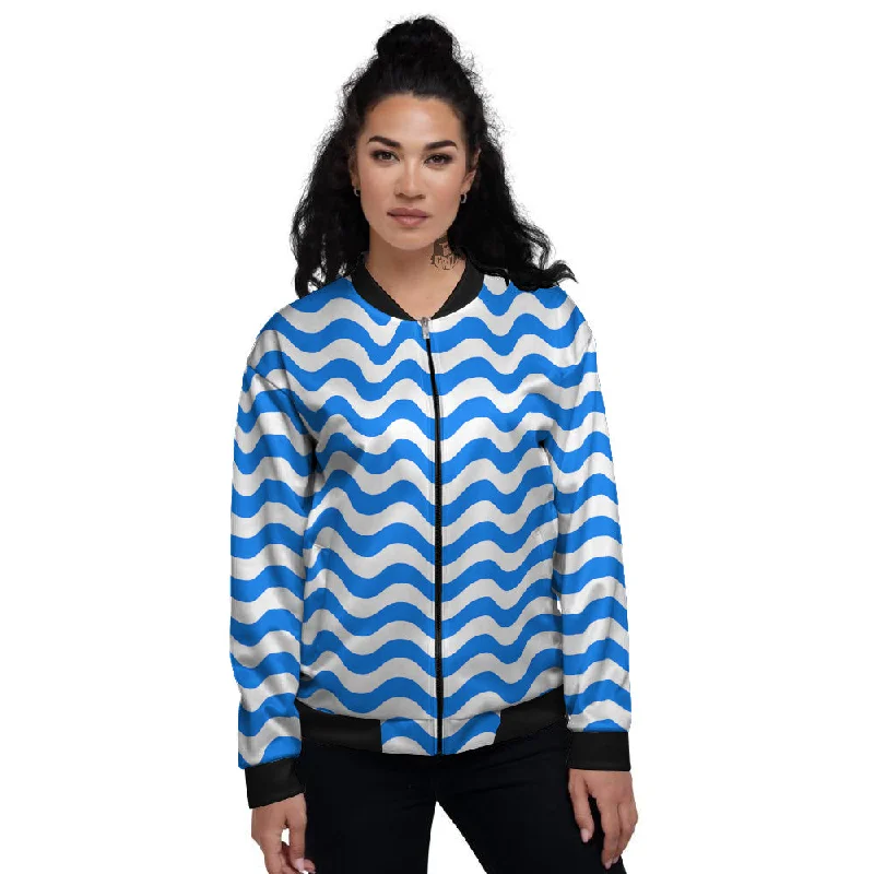 Blue Wave Striped Print Women's Bomber Jacket