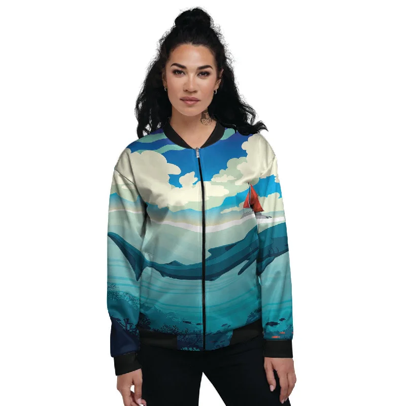 Blue Whale In Deep Sea Print Women's Bomber Jacket