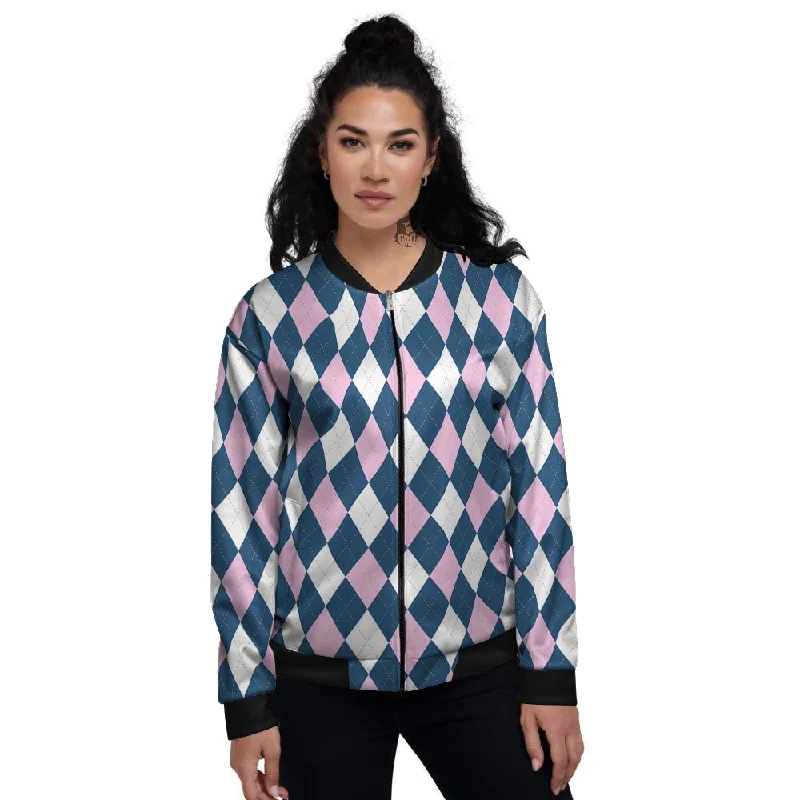 Blue White And Pink Argyle Print Pattern Women's Bomber Jacket