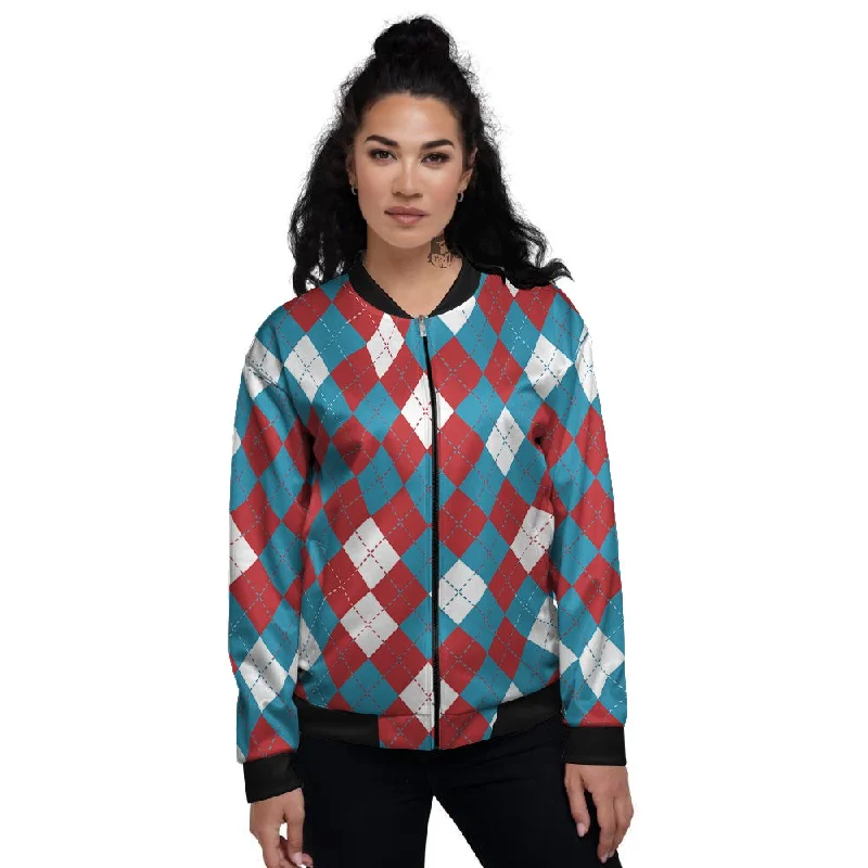 Blue White And Red Argyle Print Pattern Women's Bomber Jacket