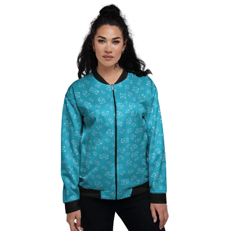 Blue White Mail Print Pattern Women's Bomber Jacket