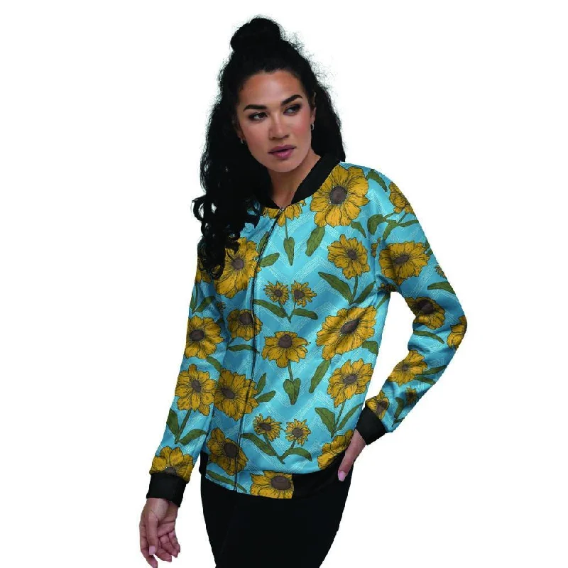 Blue Zigzag Sunflower Women's Bomber Jacket