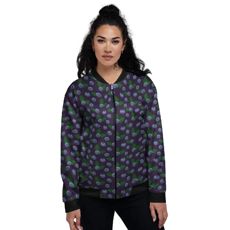 Blueberry And Leaf Print Pattern Women's Bomber Jacket