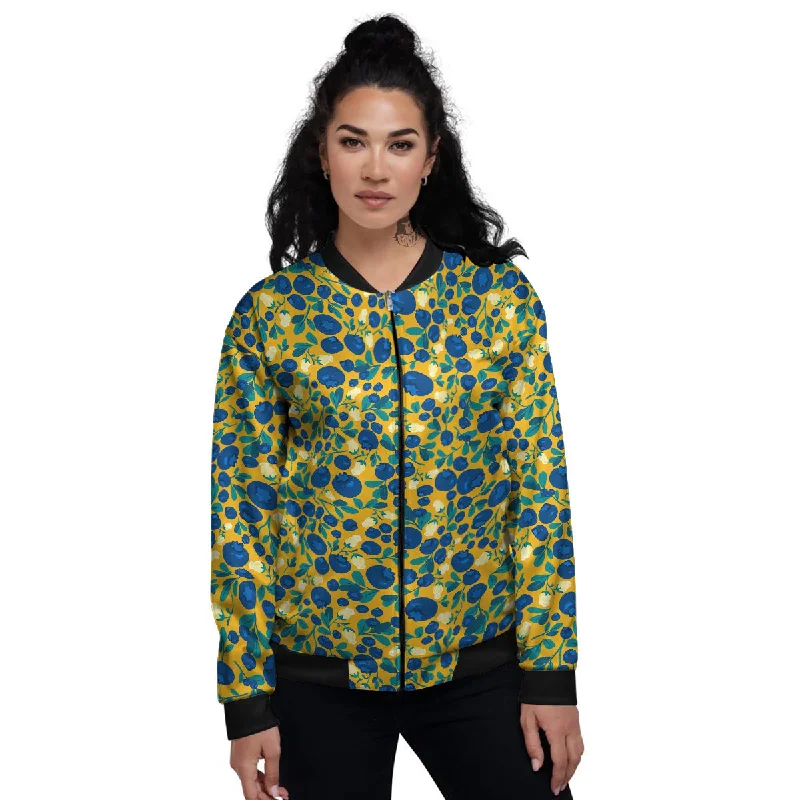 Blueberry Yellow Print Pattern Women's Bomber Jacket