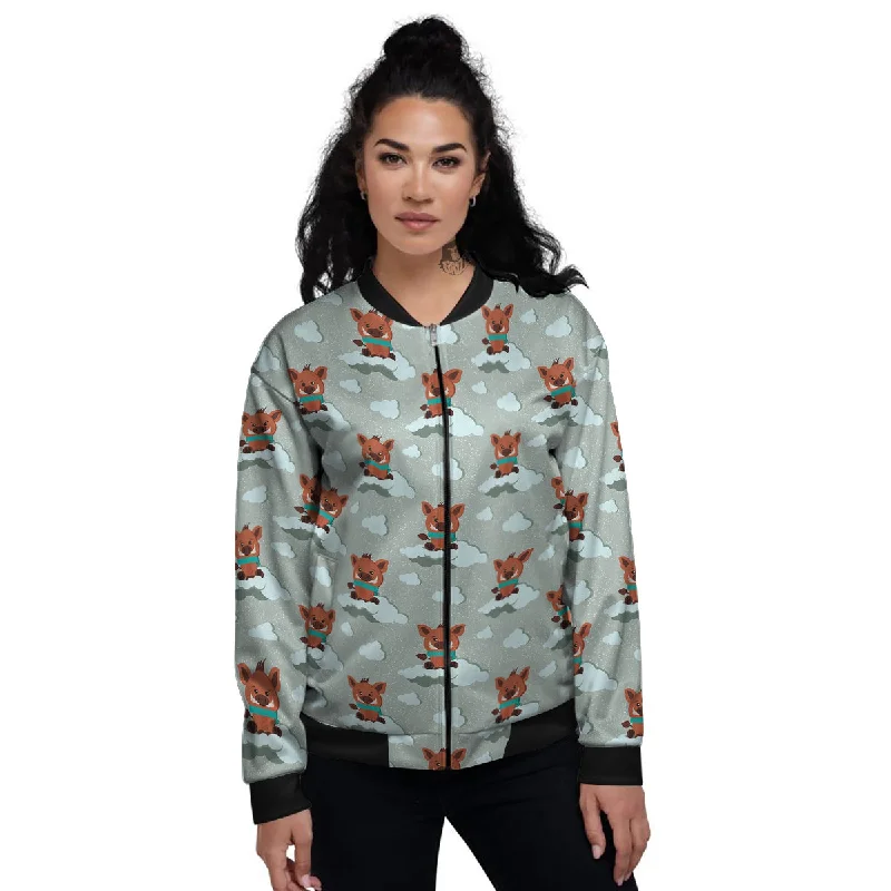 Boar And Cloud Print Pattern Women's Bomber Jacket