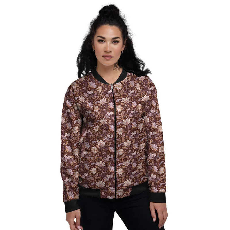 Bohemian Brown Floral Print Pattern Women's Bomber Jacket