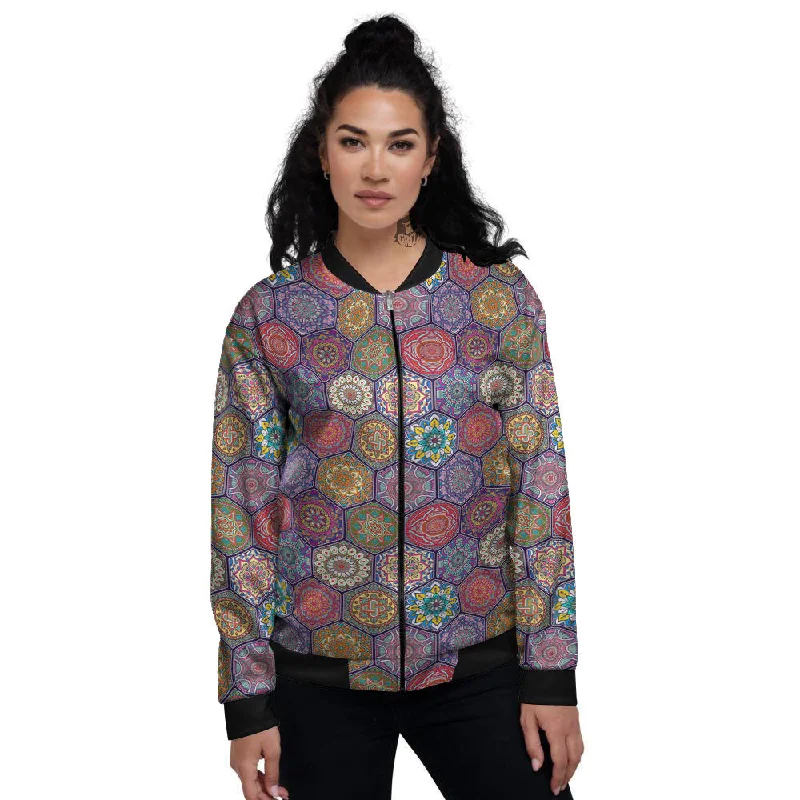 Bohemian Ethnic Mandala Print Pattern Women's Bomber Jacket