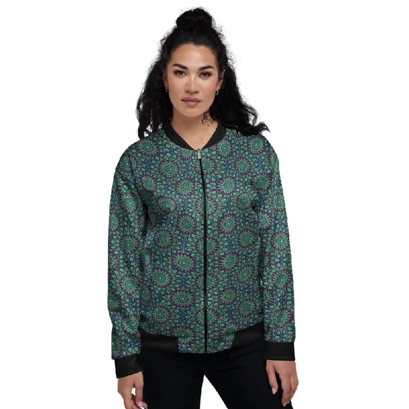 Bohemian Ethnic Teal Print Pattern Women's Bomber Jacket