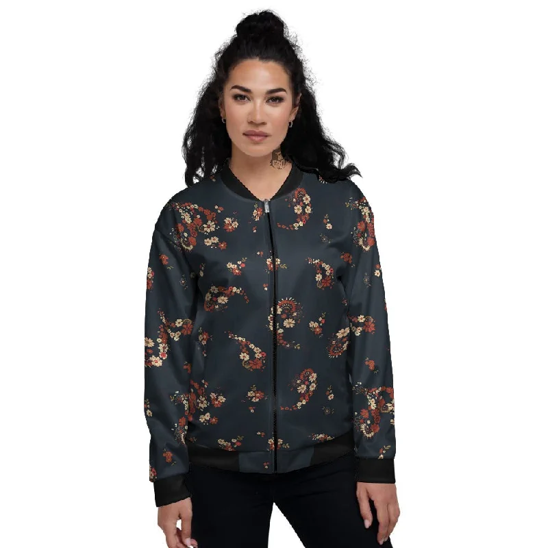 Bohemian Floral Blue Orange Vintage Print Pattern Women's Bomber Jacket