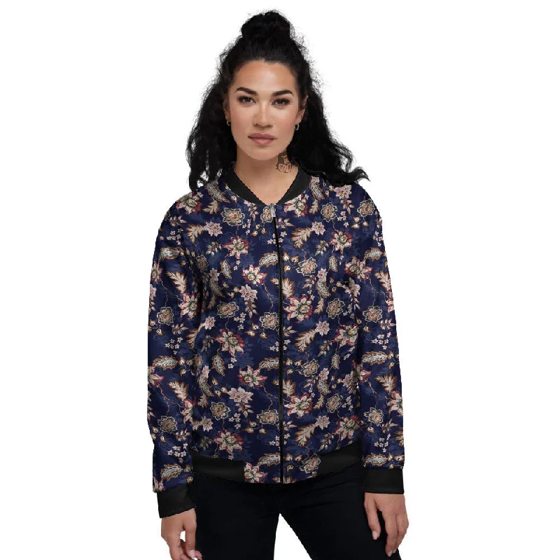 Bohemian Floral Blue Vintage Print Women's Bomber Jacket