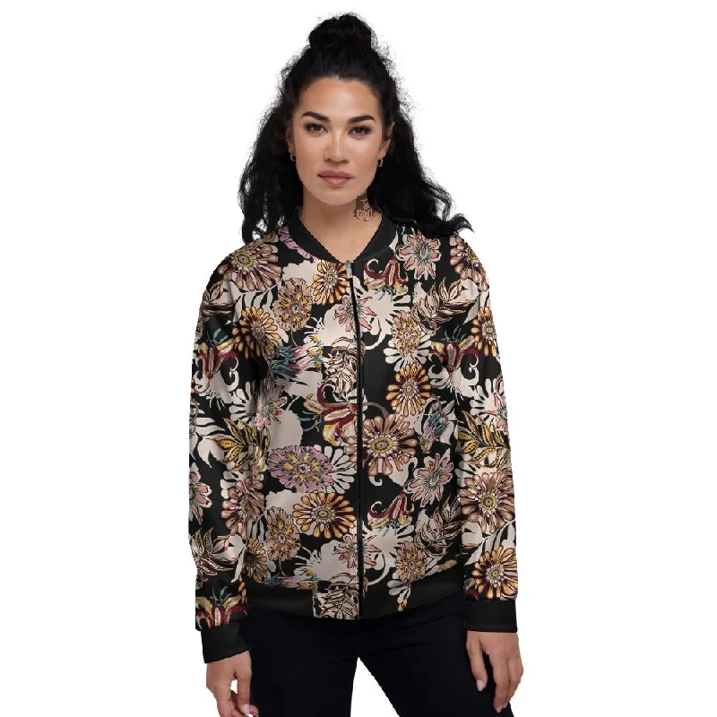 Bohemian Floral Brown Vintage Print Pattern Women's Bomber Jacket