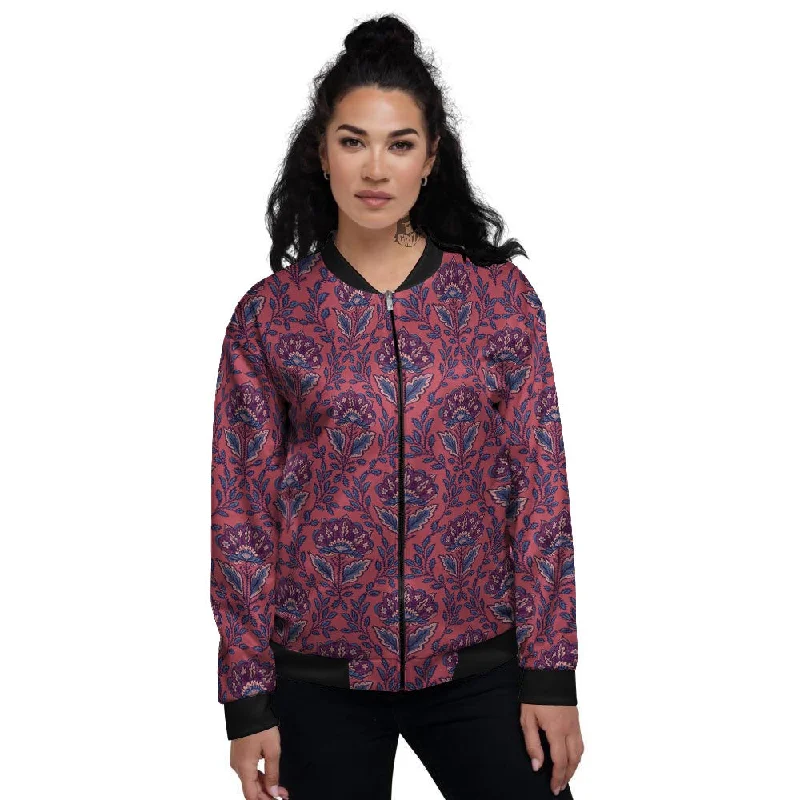 Bohemian Floral Maroon Vintage Print Pattern Women's Bomber Jacket