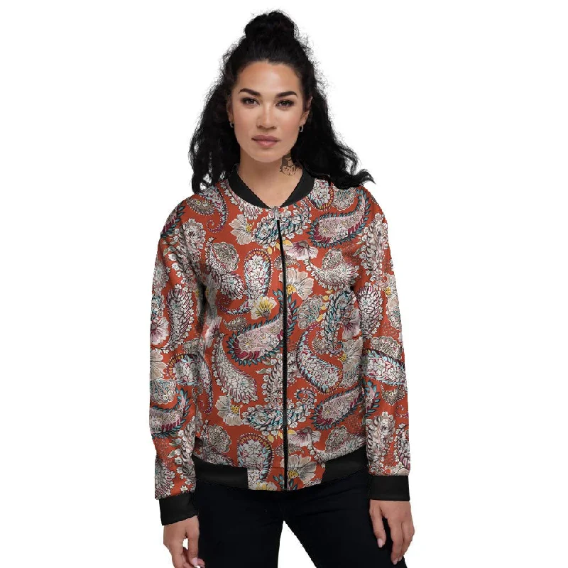 Bohemian Floral Orange Print Pattern Women's Bomber Jacket